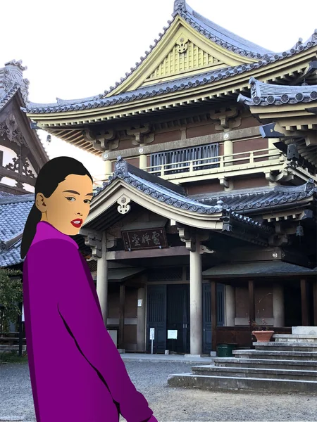 Femme Asiatique Moderne Sur Fond Temple Illustration Vectorielle Couleur — Image vectorielle