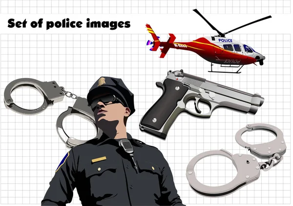 警察官 ヘリコプター 拳銃と手錠の画像のセット 3Dカラーベクトルイラスト — ストックベクタ