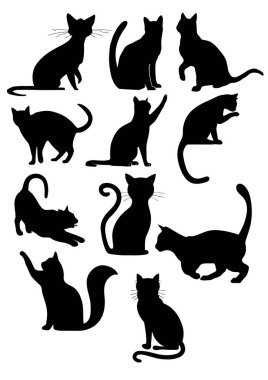 Kediler siluetleri. Vektör Siyah ve Beyaz illüstrasyon