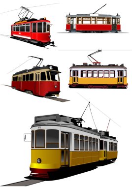 Şehir ulaşımı. Eski Tramvay seti. Tasarımcılar için Renkli Vektör 3d illüstrasyon