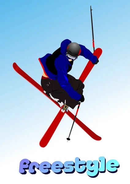 Slopestyle Kür Ski Fahren Vektor Farbabbildung — Stockvektor
