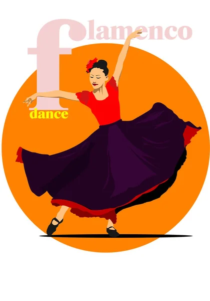 Beautiful Young Woman Dancing Flamenco Vector Illustration — Stock Vector