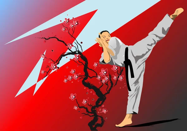 Oriental Combat Sports Sakura Branch Image Karate Colored Vector Illustration — Stock Vector