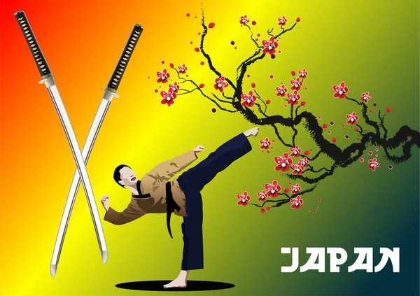 Kirschblüte Japanischer Stil Karate Farbige Vektorillustration — Stockvektor
