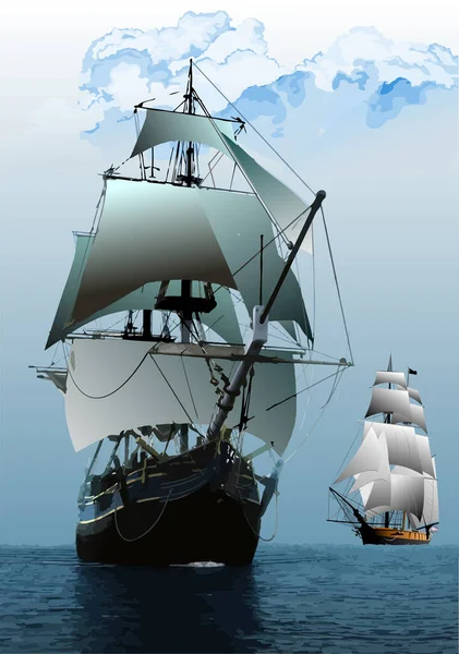 Two Old Sailing Vessels Color Vector Illustration — Stockvektor