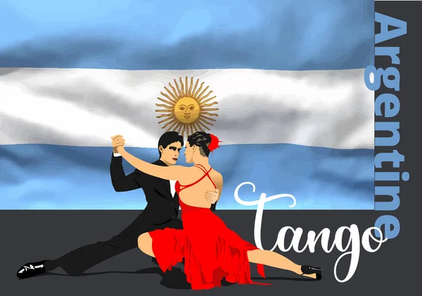 Couple Dancing Tango Argentine Flag Background Vector Colored Illustration — Stockvektor