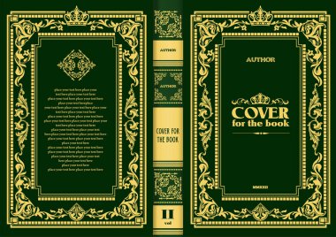 Süslü deri kitap kapağı ve eski süs çerçeveleri. Royal Golden tarzı tasarım. Kitapların kapaklarına basılacak klasik Sınır. Vektör illüstrasyonu