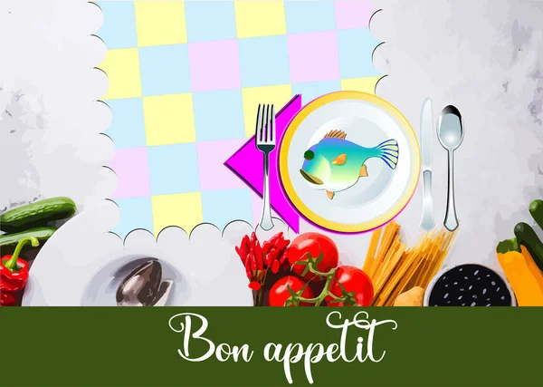 Σύνθεση Σαλονιού Bon Appetit Διακοσμημένη Βαμμένα Λαχανικά Έγχρωμη Διανυσματική Απεικόνιση — Διανυσματικό Αρχείο