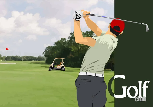 高尔夫俱乐部背景与高尔夫球手和电动车 矢量3D说明 — 图库矢量图片