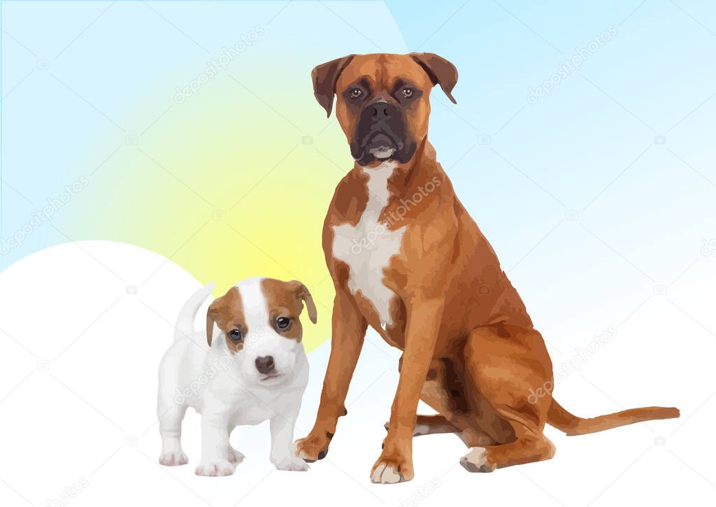 Two dogs are best friends and sitting together. 3d vector illustration