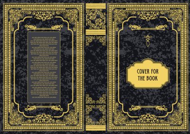 Süslü deri kitap kapağı ve eski süs çerçeveleri. Royal Golden tarzı tasarım. Kitapların kapaklarına basılacak klasik Sınır. Vektör illüstrasyonu