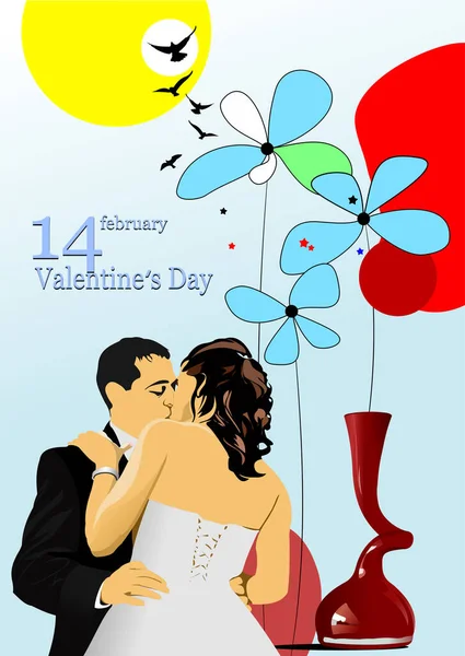 Día San Valentín Fondo Rojo Con Par Besos Imagen Febrero — Archivo Imágenes Vectoriales