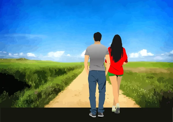 A couple of young people walking on the road. 3d vector illustration