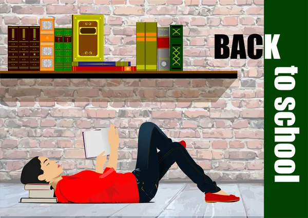 女子高生は床に横になって本を読んでいる 学校に戻る ベクトル3Dイラスト — ストックベクタ
