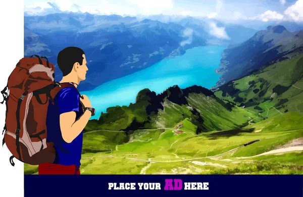 Jeune Homme Voyageant Avec Sac Dos Randonnée Montagne Illustration Vectorielle — Image vectorielle