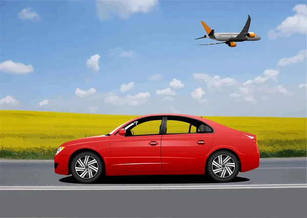 Orange Car Sedan Field Background Plane Color Vector Illustration — 图库矢量图片