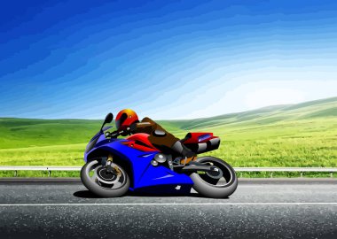 Sahil yolunda hızlı motosiklet sürüşü. 3d renk vektörü illüstrasyonu