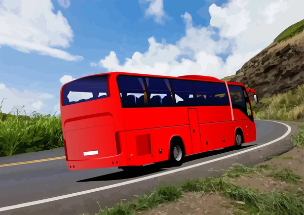 Tourist Bus Carries Travelers Mountain Road Vector Color Illustration — 图库矢量图片