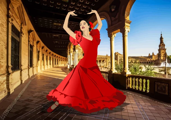 Beautiful Young Woman Dancing Flamenco Vector Illustration — Stock Vector