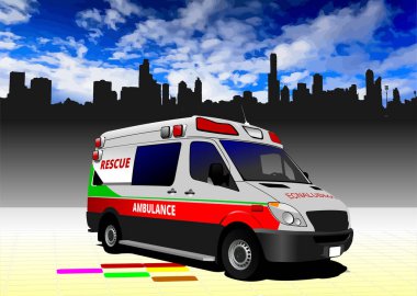 Şehir panoramasında modern ambulans minibüsü. Vektör Renkli 3d illüstrasyon
