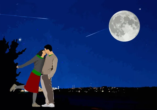 Happy Couple Romantically Kissing Night Moonlight Vector Illustration — Stock Vector