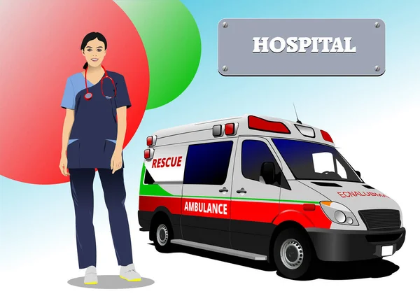 Medical Doctor Doctor Smock Modern Ambulance Vector Illustration — Stock Vector