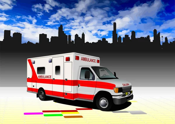 Modern Ambulance Van City Panorama Vector Colored Illustration — Stock Vector