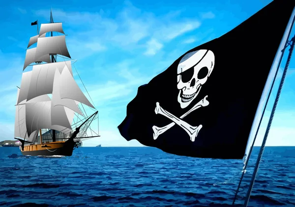 Pirate Flag Sailboat Background Sea Vector Color Illustration — Stockový vektor