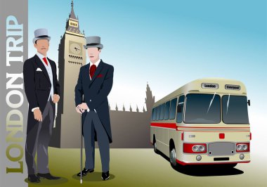 Londra 'nın silueti ve nadir bulunan sarı otobüslü görüntüsü. Renkli 3d vektör illüstrasyonu