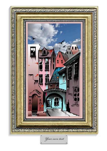 Oil Painting Medieval European Old Town Color Vector Illustration — Vetor de Stock