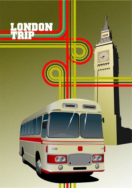 Лондонский Постер Раритетными Желтыми Автобусами Изображениями Перекрестков Векторная Иллюстрация — стоковый вектор