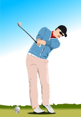 Golf kulübü geçmişinde golfçü imajı var. Vektör 3d illüstrasyon