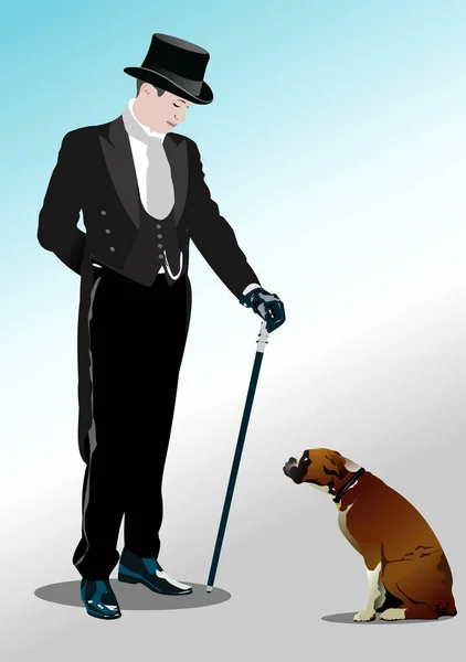 Gentleman Looks Dog Sitting His Feet Vector Illustration — Διανυσματικό Αρχείο