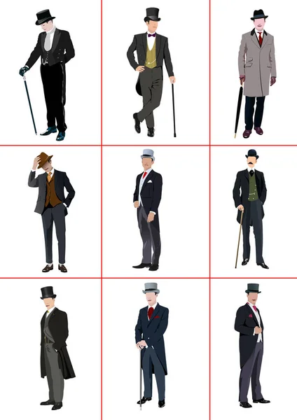 Neun Gutaussehende Herren Mit Londoner Hintergrund Farbige Vektorillustration — Stockvektor