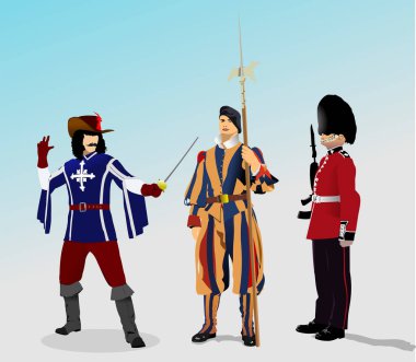 French Musketeer, Vatican Swiss Guard and London Royal Guard. 3d color vector illustration