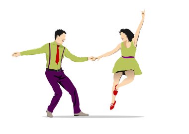 Dynamic portrait of couple of dancers in vintage retro style outfits dancing lindy hop dance isolated on white background. 3d vector illustration