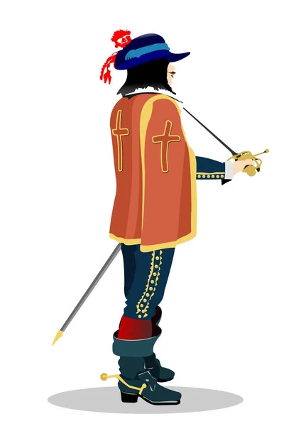 Young Man Sword Dressed Cardinal Richelieu Guard Vector Color Illustration — Stok Vektör