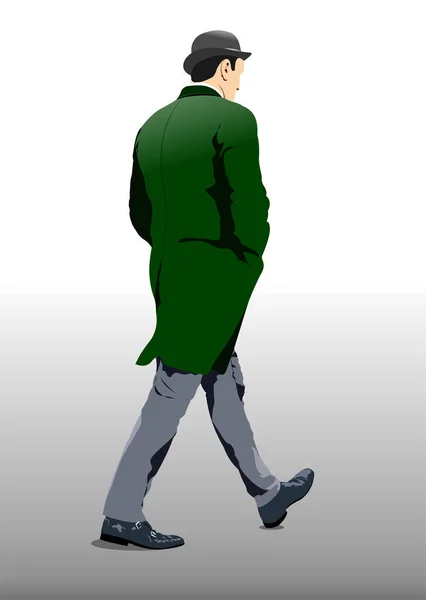 English Man Bowler Hat Walking Street Color Vector Illustration — ストックベクタ