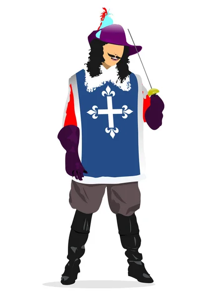 Young Man Sword Dressed Musketeer Vector Color Illustration — Wektor stockowy
