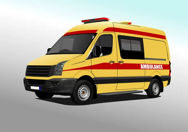 Şehir Panoramasında Modern Ambulans Minibüsü Vektör Renkli Illüstrasyon — Stok Vektör