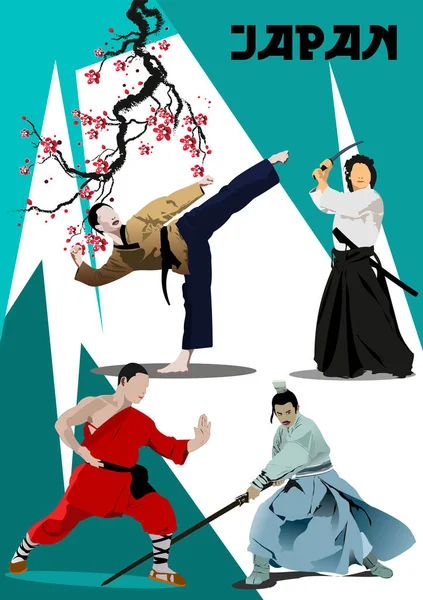 Japanska Bilder Orientalisk Kampsport Kung Färgad Vektor Illustration — Stock vektor