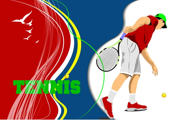 Homme Poster Joueur Tennis Illustration Vectorielle Colorée Pour Designers — Image vectorielle