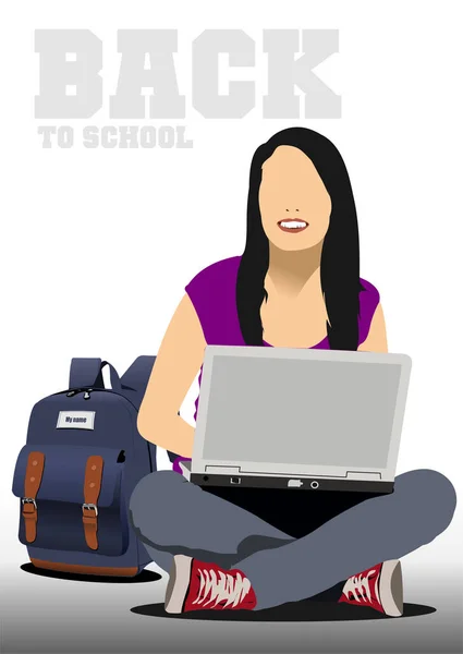 Young Girl Working Laptop Back School Vector Illustration — Stock Vector