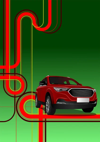 红色车在交叉口的背景 矢量3D说明 — 图库矢量图片