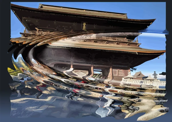 Japanska Buddistiska Tempel Förvrängd Spegel Färg Vektor Illustration — Stock vektor