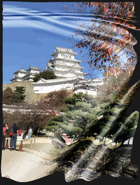 Temple Japonais Dans Miroir Déformé Illustration Vectorielle Couleur — Image vectorielle