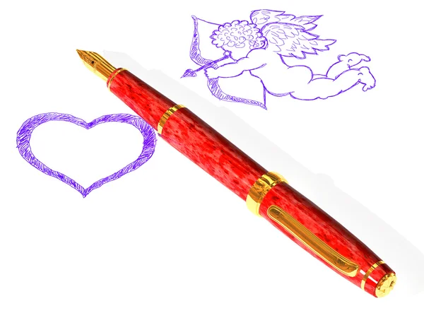 Fountain pen, heart and Cupid — Stock Photo, Image