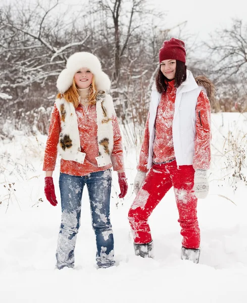 Y girls plays in winter park — Stock Photo, Image