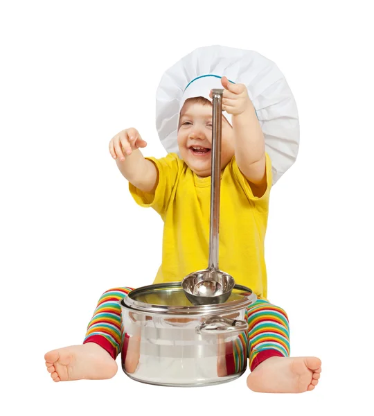 Cozinheiro bebé no toque. Isolado sobre branco — Fotografia de Stock