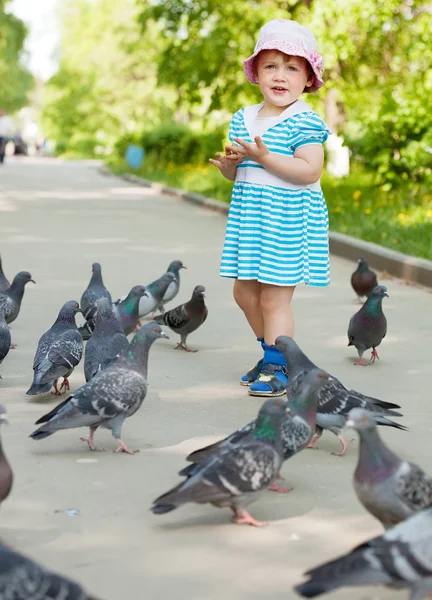 Menina de dois anos com pombas — Fotografia de Stock